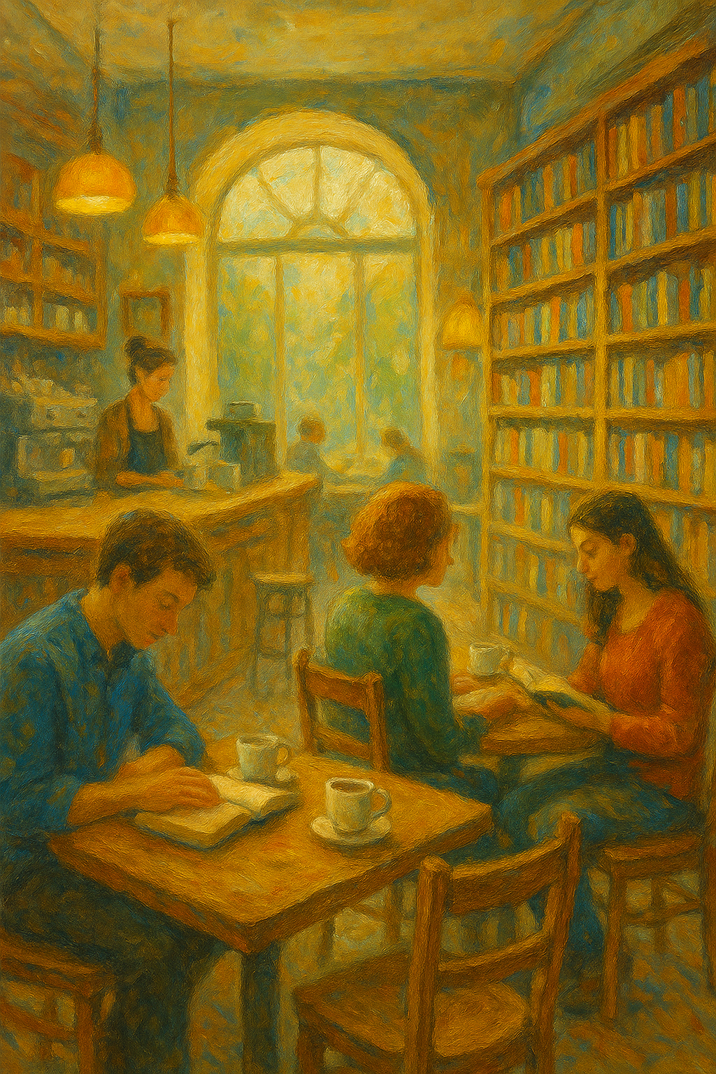 Bright oil painting of a cozy café with bookshelves, warm lighting, and people reading and chatting at wooden tables—capturing the spirit of third spaces that foster connection and belonging.