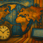 Oil painting of a world map with time zones and clocks symbolizing global time synchronization and international communication.