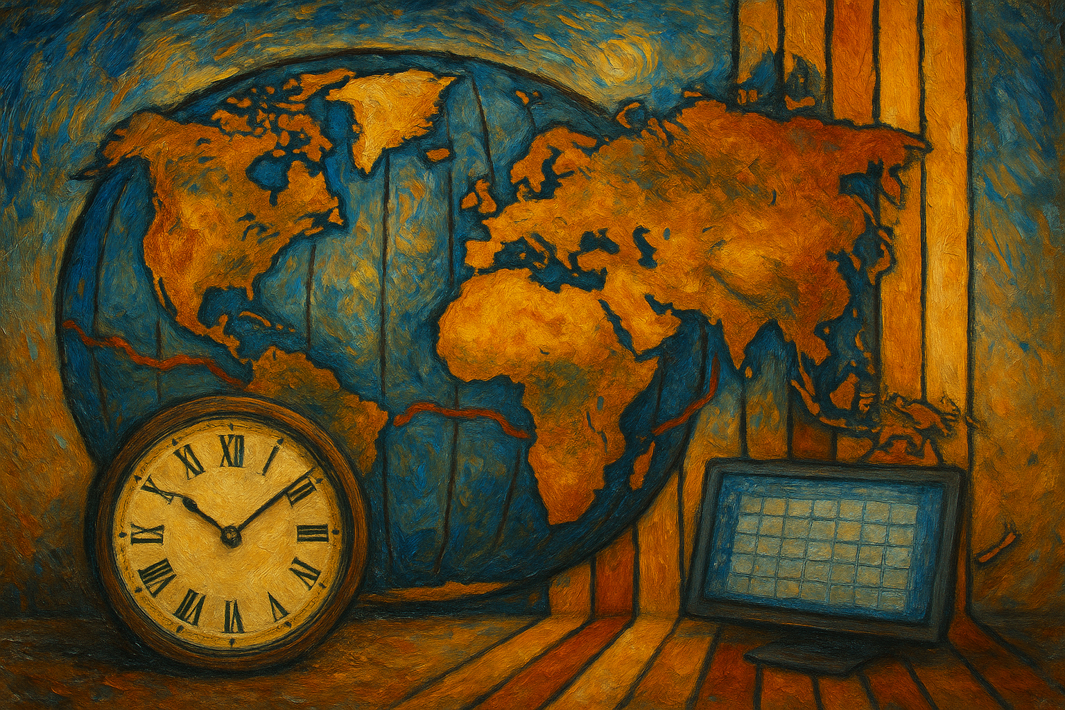 Oil painting of a world map with time zones and clocks symbolizing global time synchronization and international communication.