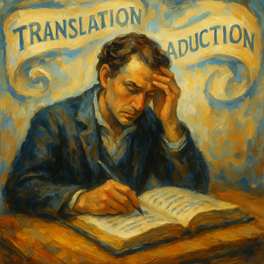 A bright, semi-abstract oil painting on canvas illustrating the complexity of translation, featuring symbolic representations of different languages, cultural symbols, and the flow of communication.