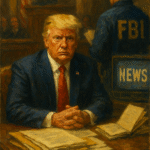 Oil painting of Donald Trump seated at a courtroom table with folded hands, FBI agent in the background, judge and American flag behind, and a vintage news screen—symbolizing the narrative power battle in Trump’s legal trials.