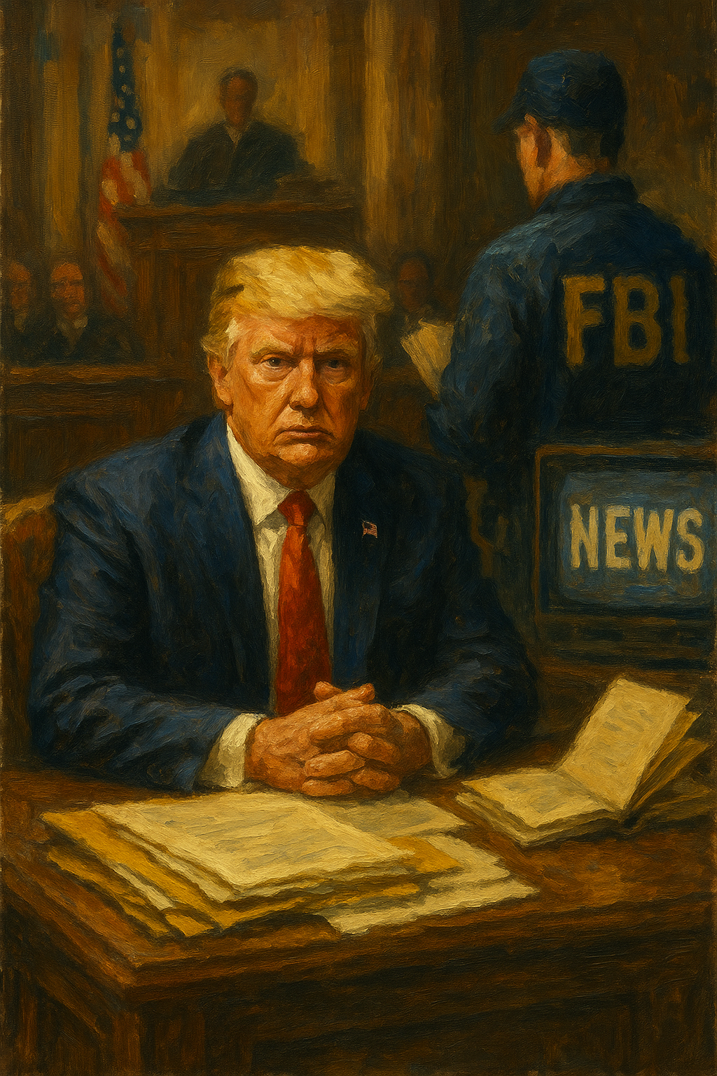 Oil painting of Donald Trump seated at a courtroom table with folded hands, FBI agent in the background, judge and American flag behind, and a vintage news screen—symbolizing the narrative power battle in Trump’s legal trials.
