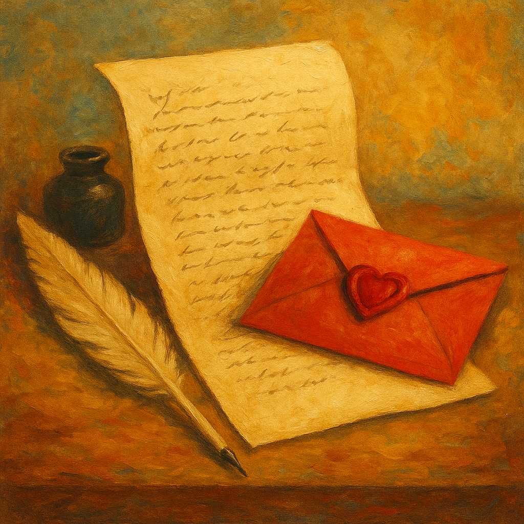 Oil painting of a handwritten love letter beside a red envelope with a heart-shaped wax seal, a white quill, and an ink bottle on a wooden desk in warm vintage tones.