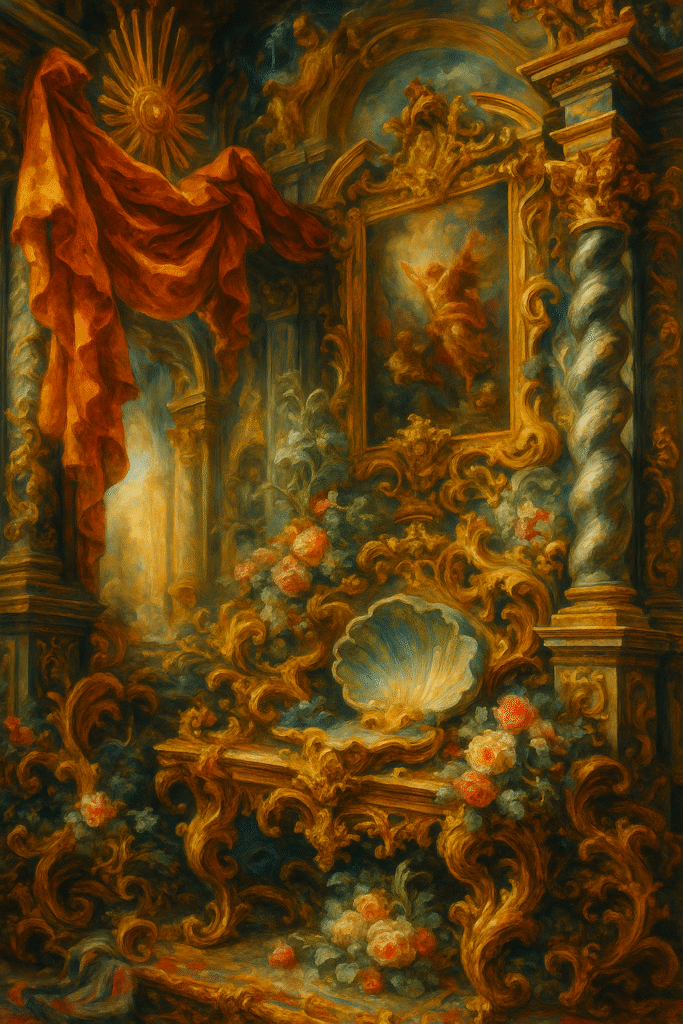 “An ornate Neo-Baroque oil painting showcasing rich textures, dramatic lighting, and visual excess in modern art”