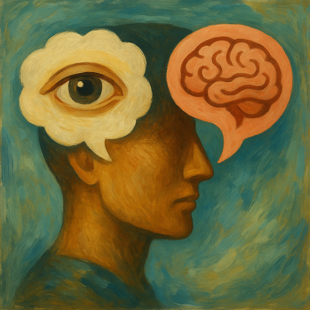Abstract painting illustrating the contrast between thinking in images and words with symbolic elements in a colorful composition.