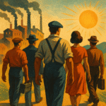 A vintage-style illustration of early 20th-century workers enjoying a day of rest, representing the historical journey toward the modern weekend.