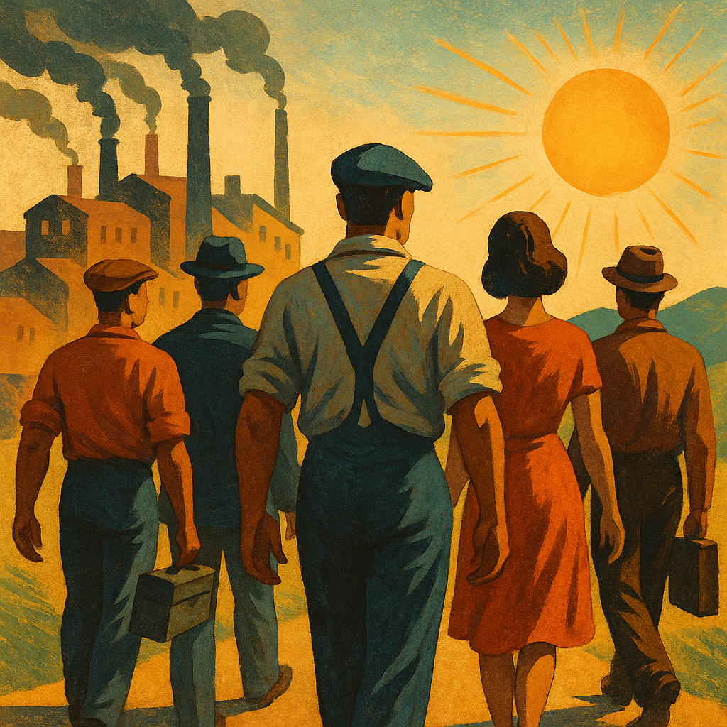 A vintage-style illustration of early 20th-century workers enjoying a day of rest, representing the historical journey toward the modern weekend.