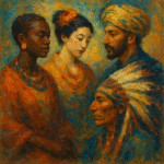 Oil painting of four people from different cultural backgrounds—African, East Asian, Middle Eastern, and Native American—standing in harmony with expressive brushwork and a vibrant abstract background.