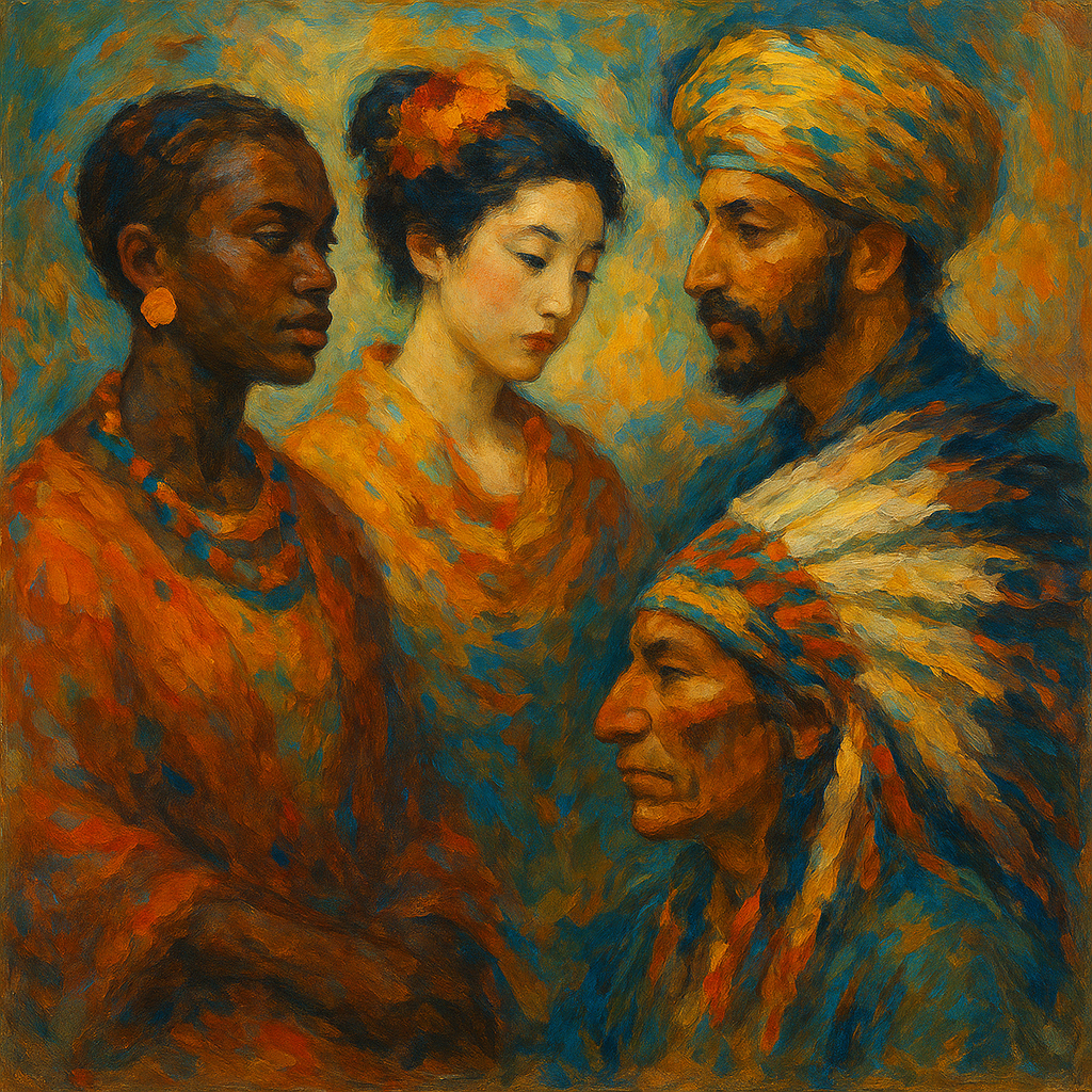 Oil painting of four people from different cultural backgrounds—African, East Asian, Middle Eastern, and Native American—standing in harmony with expressive brushwork and a vibrant abstract background.