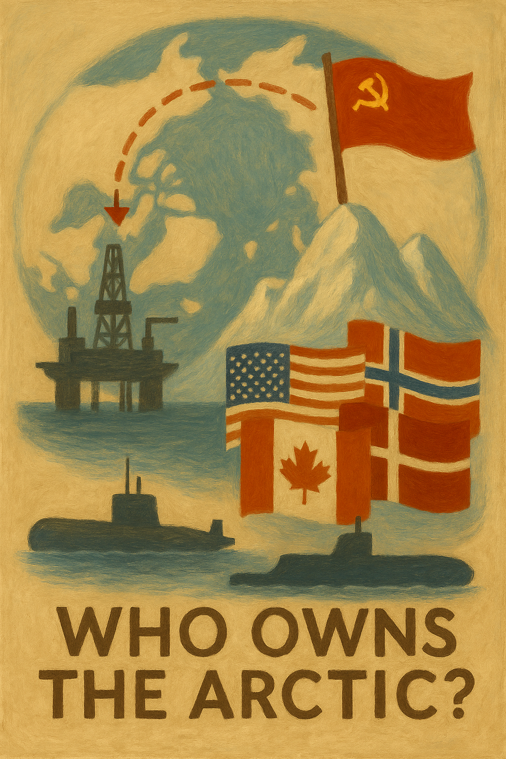 A painterly illustration of the Arctic region showing fragmented ice, territorial flags, and shipping routes, representing geopolitical disputes and climate-driven changes in the Arctic.