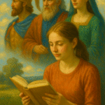 A colorful oil painting of a young modern woman reading a book by a sunlit window. Behind her, softly blurred historical and literary figures appear as imaginative projections, representing how fiction influences memory and historical understanding.