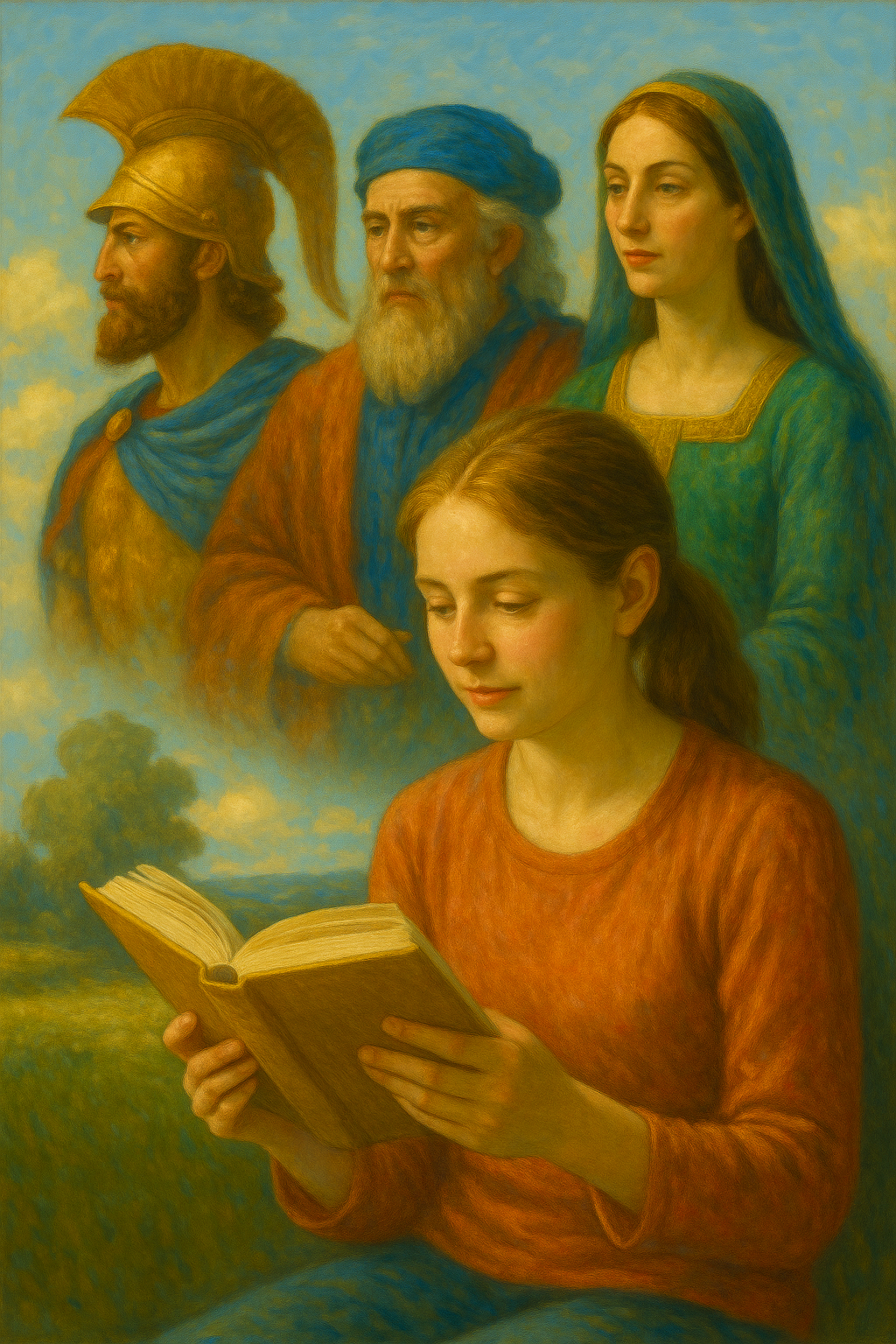 A colorful oil painting of a young modern woman reading a book by a sunlit window. Behind her, softly blurred historical and literary figures appear as imaginative projections, representing how fiction influences memory and historical understanding.