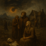 Dark oil painting depicting the 536 AD volcanic winter, with ash-filled skies and ancient communities struggling under dim sunlight.