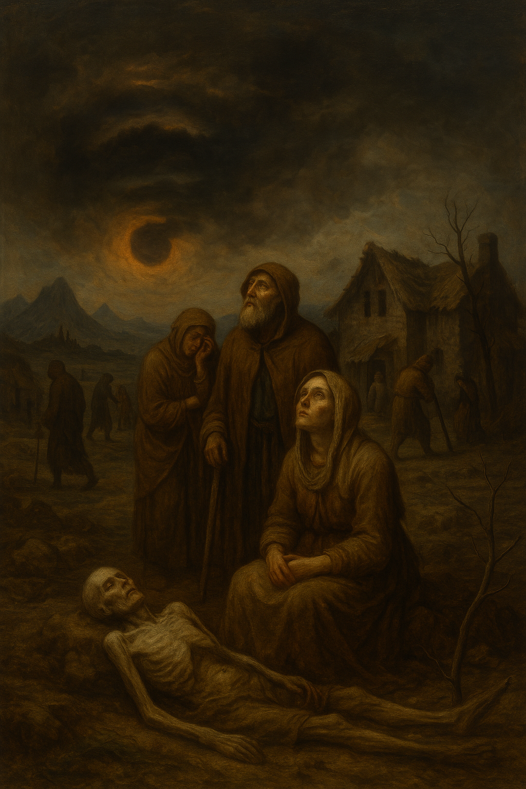 Dark oil painting depicting the 536 AD volcanic winter, with ash-filled skies and ancient communities struggling under dim sunlight.