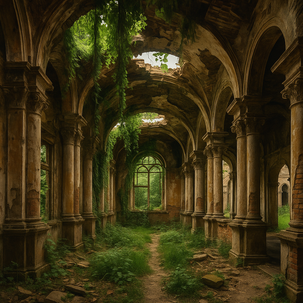 Crumbling ruins overtaken by nature, symbolizing the aesthetics of decay and the beauty of impermanence.
