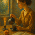 Oil painting of a young woman performing daily routines with artistic elegance, symbolizing mindfulness and the transformation of ordinary life into rituals.