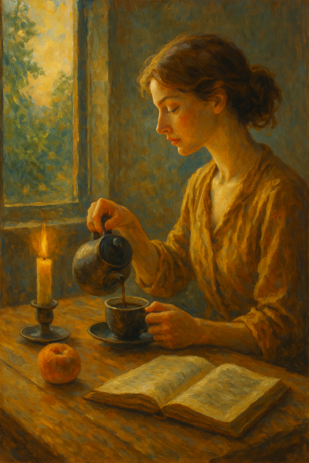 Oil painting of a young woman performing daily routines with artistic elegance, symbolizing mindfulness and the transformation of ordinary life into rituals.