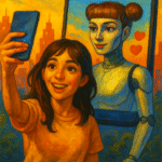 Bright oil painting of a woman smiling at an AI influencer on her phone, representing technology and human connection.