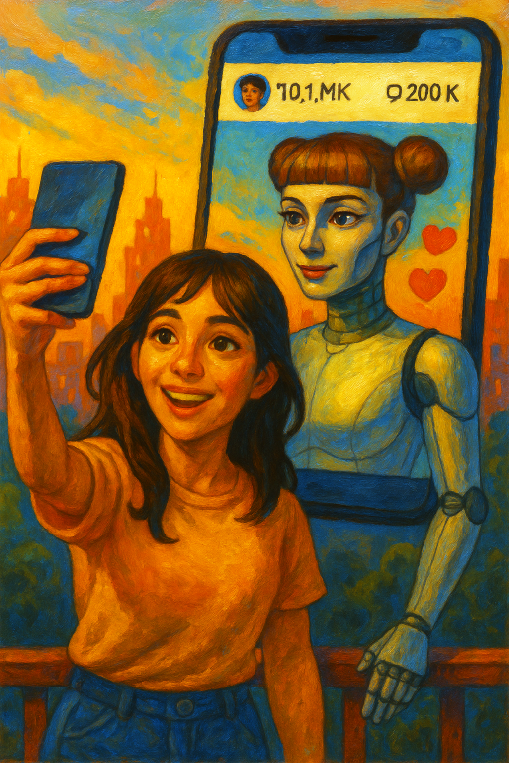 Bright oil painting of a woman smiling at an AI influencer on her phone, representing technology and human connection.