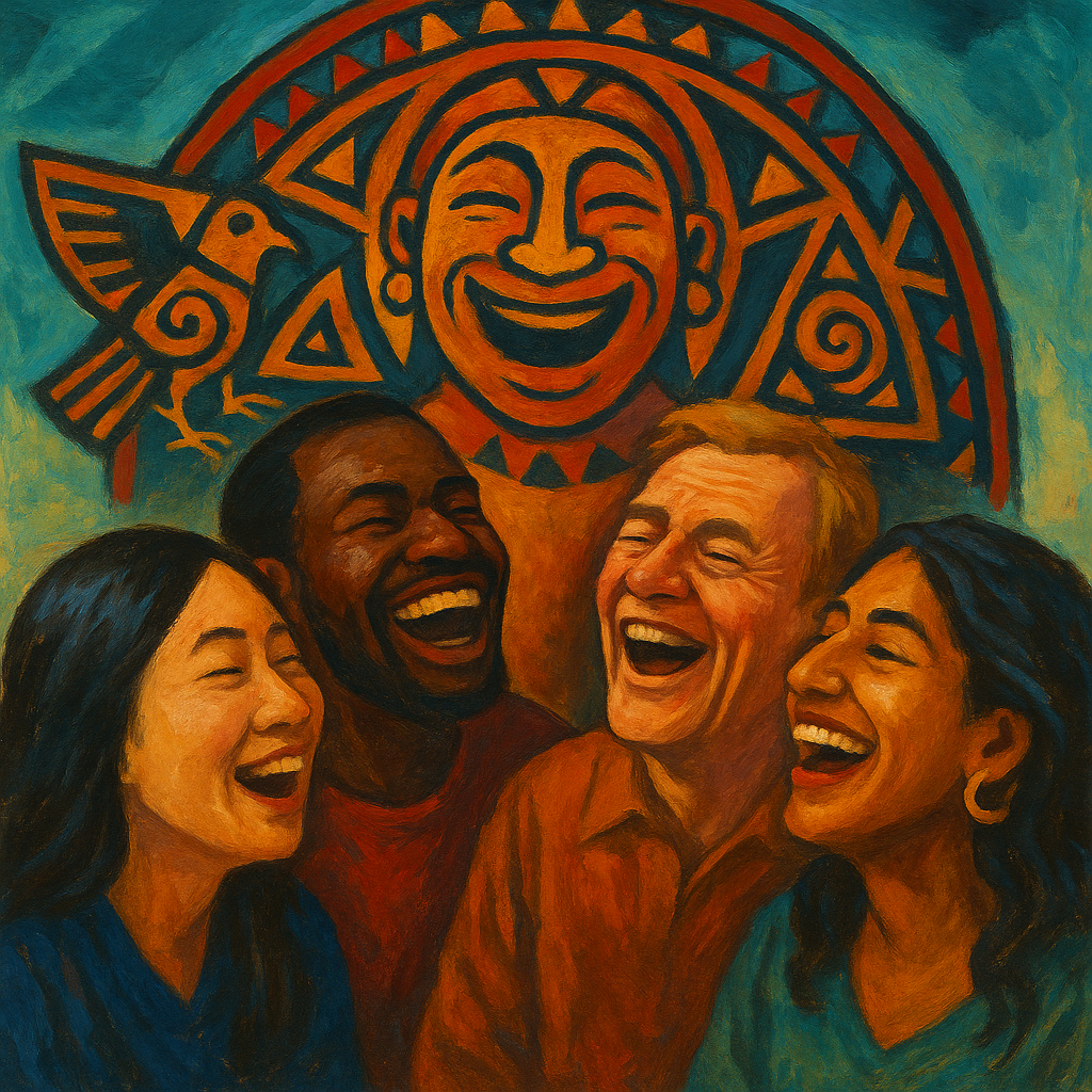 A colorful artistic painting of people from diverse cultures laughing together, symbolizing the anthropology of humor, human connection, and cultural significance of laughter.