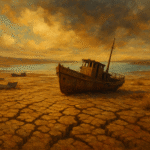 Oil painting of the Aral Sea environmental disaster showing abandoned fishing boats stranded on cracked earth under a dramatic sky.