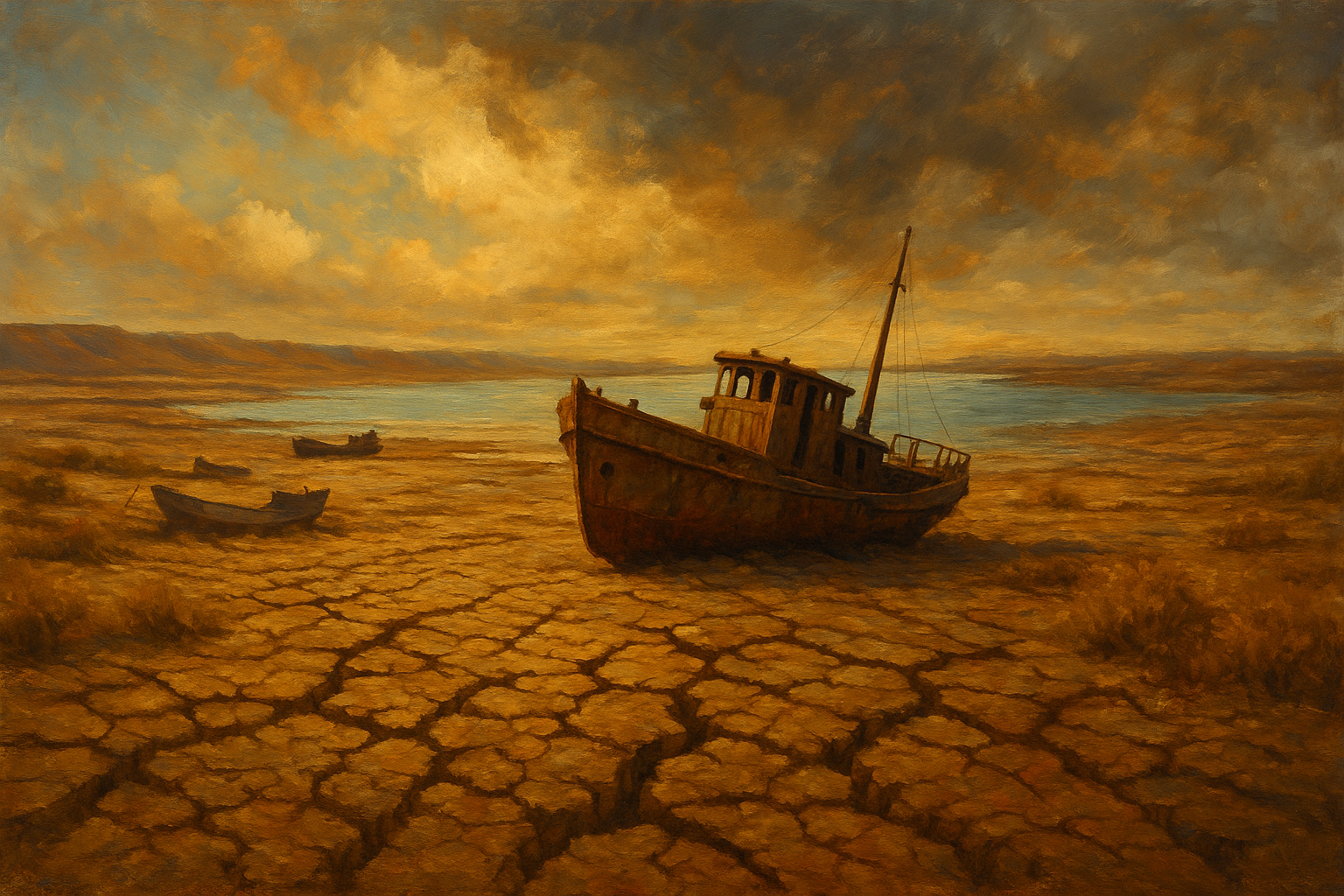Oil painting of the Aral Sea environmental disaster showing abandoned fishing boats stranded on cracked earth under a dramatic sky.
