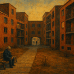 Oil painting of a lonely man on a bench in a housing courtyard, symbolizing how modern architecture fosters social isolation.
