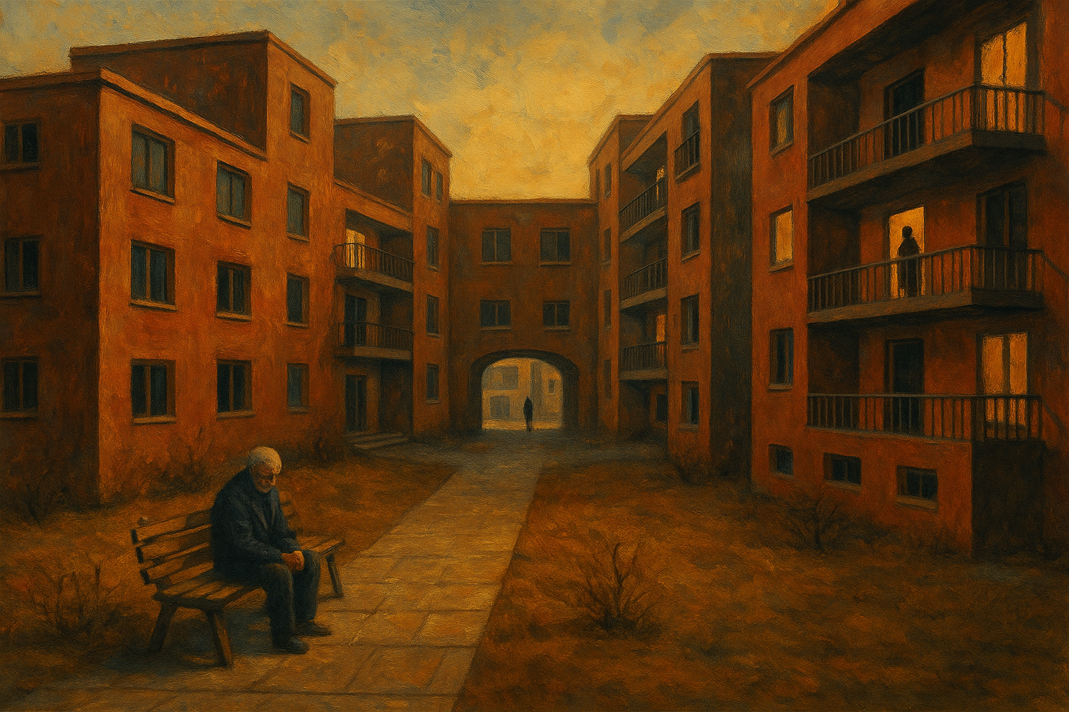 Oil painting of a lonely man on a bench in a housing courtyard, symbolizing how modern architecture fosters social isolation.