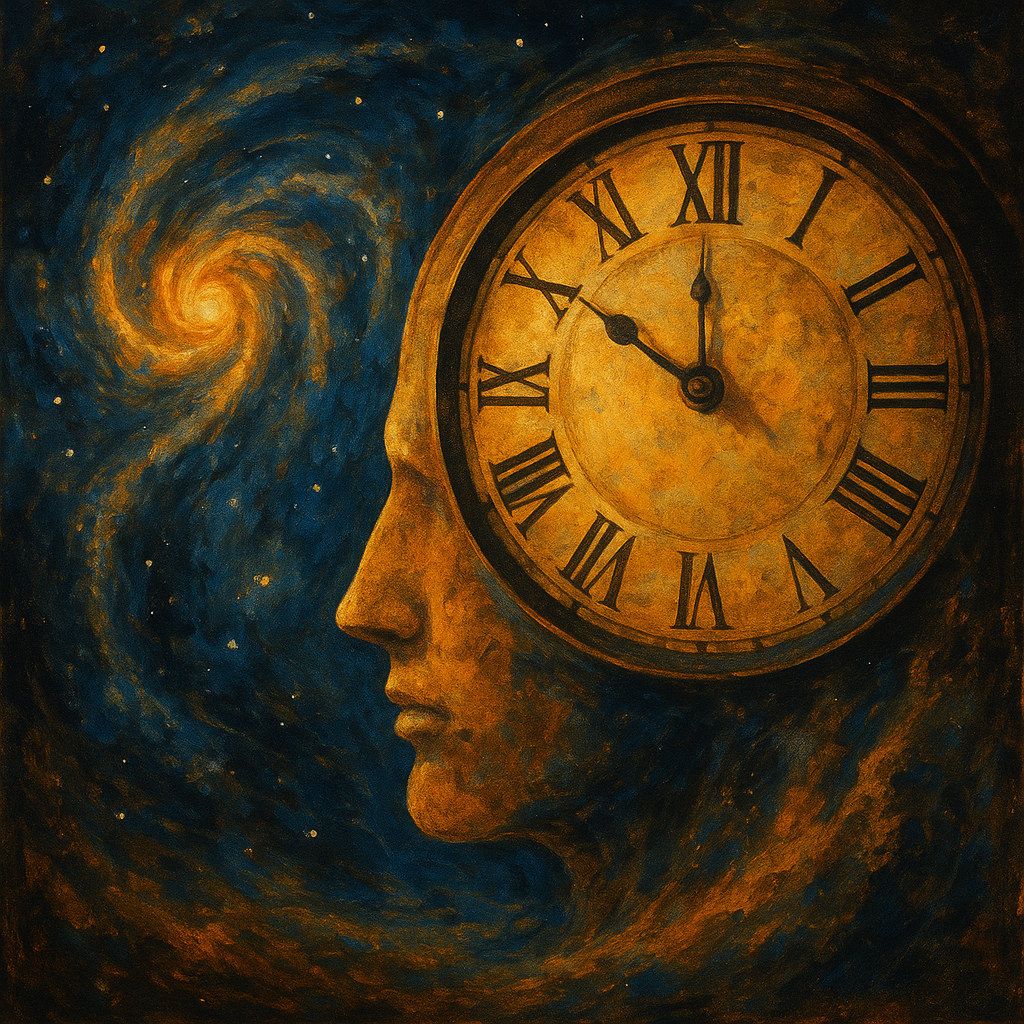 An artistic oil painting-style depiction of time as a surreal landscape with flowing clocks, cosmic skies, and abstract forms symbolizing the mystery of time’s reality and illusion.