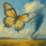 Oil painting of a butterfly with vibrant wings flying near a tornado under a bright