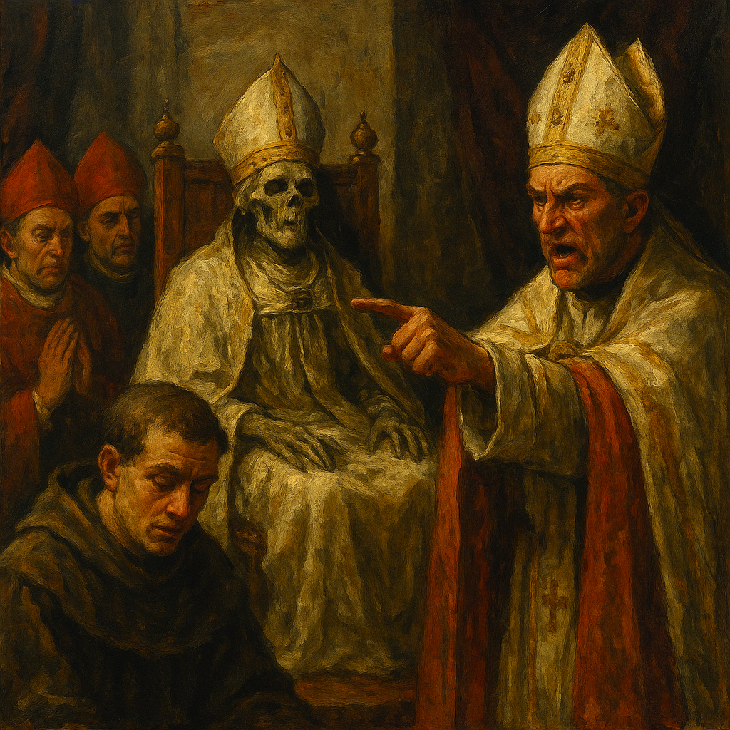 Oil painting of the Cadaver Synod showing a macabre medieval trial where Pope Stephen VI judged the corpse of Pope Formosus in Rome.
