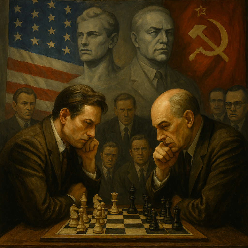 Oil painting of two chess players facing off in a dramatic Cold War setting, symbolizing US vs USSR rivalry and strategic tension.
