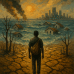 Oil painting of climate refugees leaving flooded coastal villages with rising seas and desert expansion in the background, symbolizing Earth’s uninhabitable regions.
