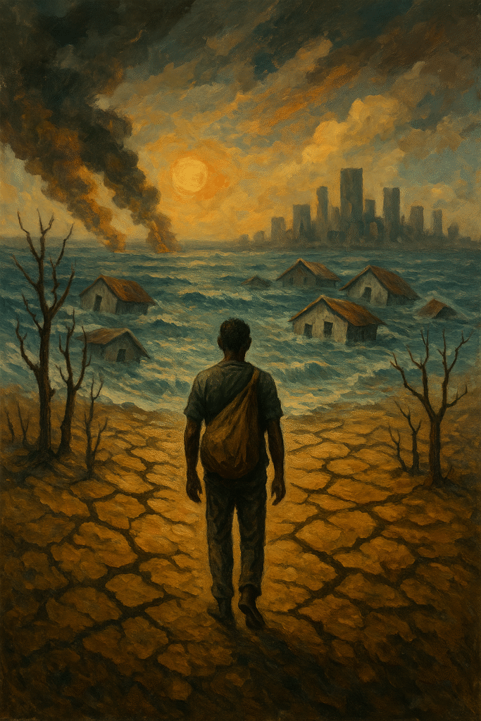 Oil painting of climate refugees leaving flooded coastal villages with rising seas and desert expansion in the background, symbolizing Earth’s uninhabitable regions.