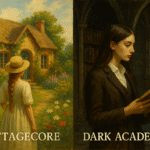 Painting split between Cottagecore garden scene with a cottage and Dark Academia library with a student reading, symbolizing internet aesthetics.