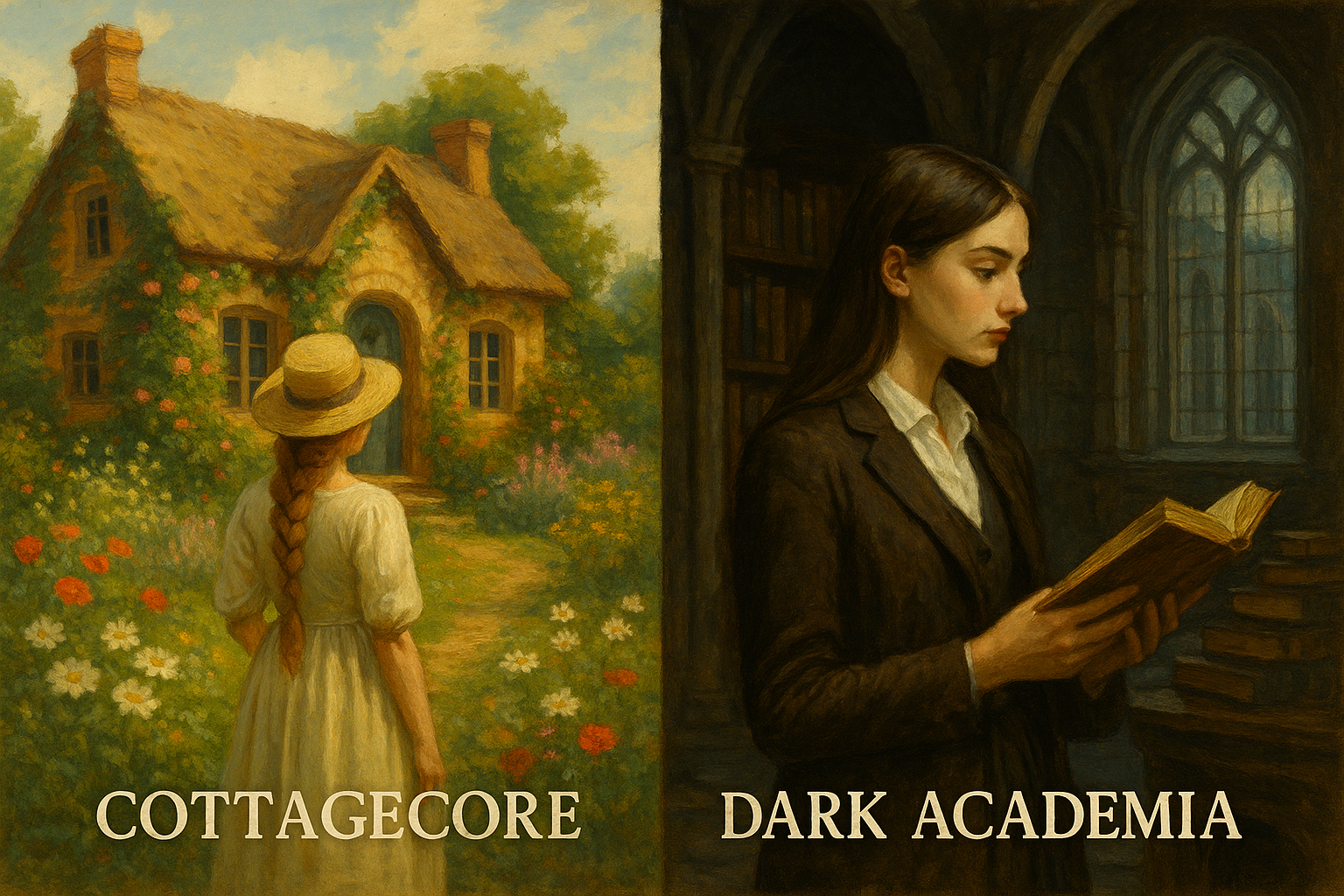 Painting split between Cottagecore garden scene with a cottage and Dark Academia library with a student reading, symbolizing internet aesthetics.