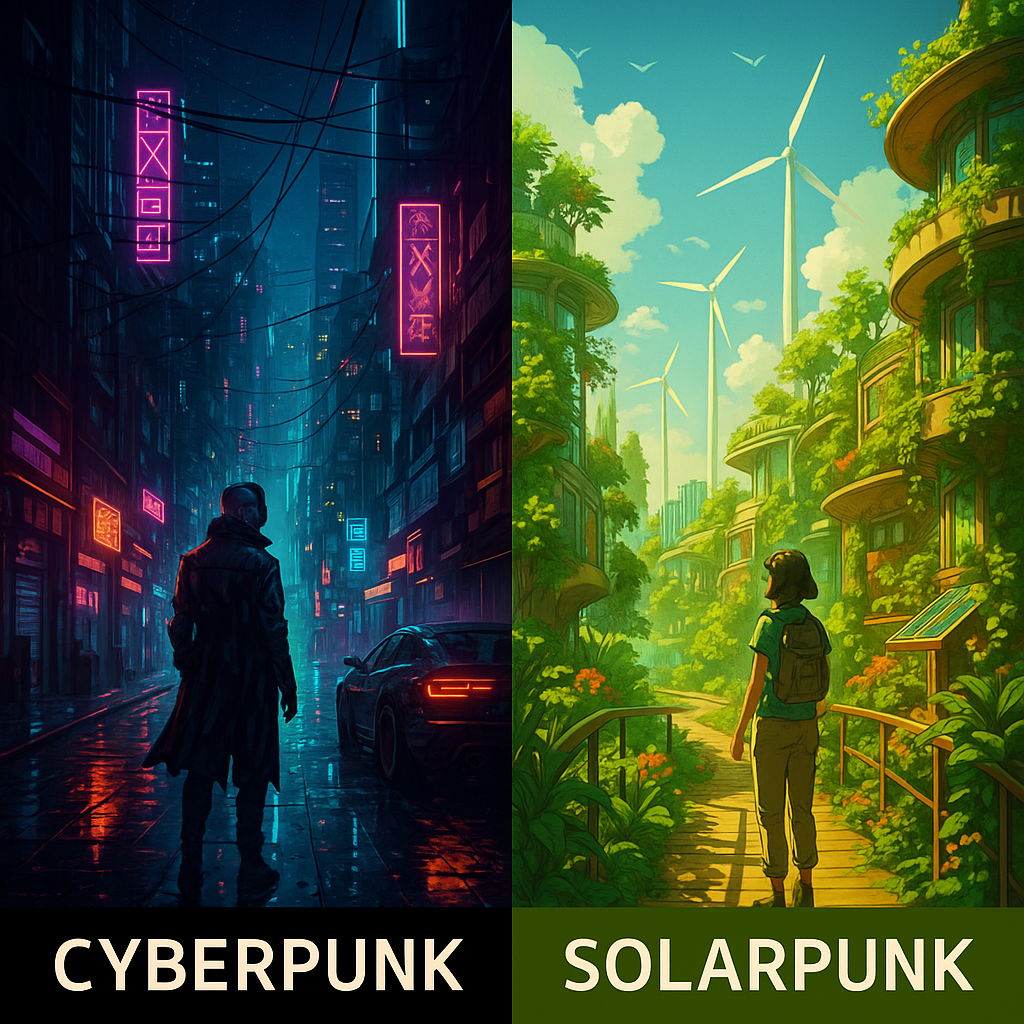Split-screen digital artwork showing a neon-lit Cyberpunk city beside a lush, solar-powered SolarPunk utopia.