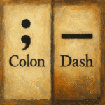 An oil painting illustration symbolizing punctuation differences, featuring abstract symbols of dashes and colons to represent clarity and emphasis in writing.