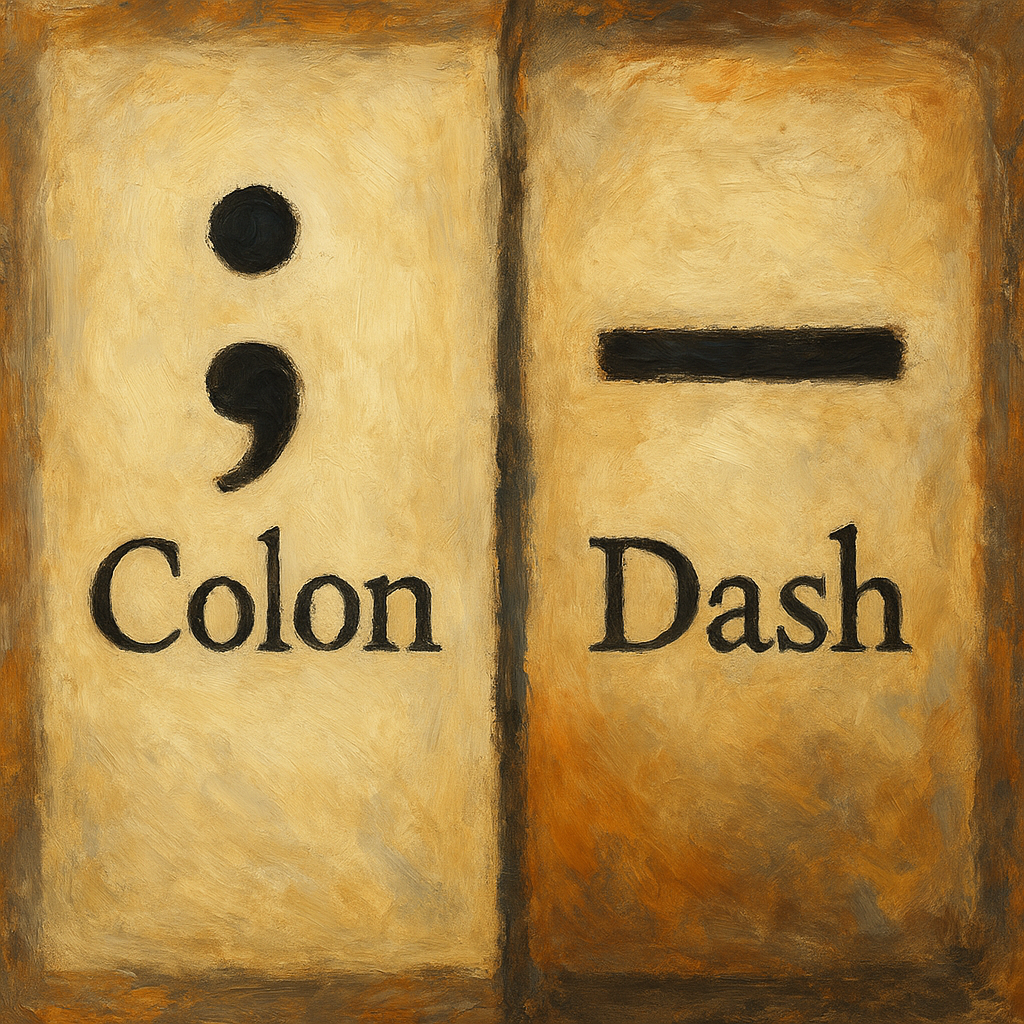 An oil painting illustration symbolizing punctuation differences, featuring abstract symbols of dashes and colons to represent clarity and emphasis in writing.