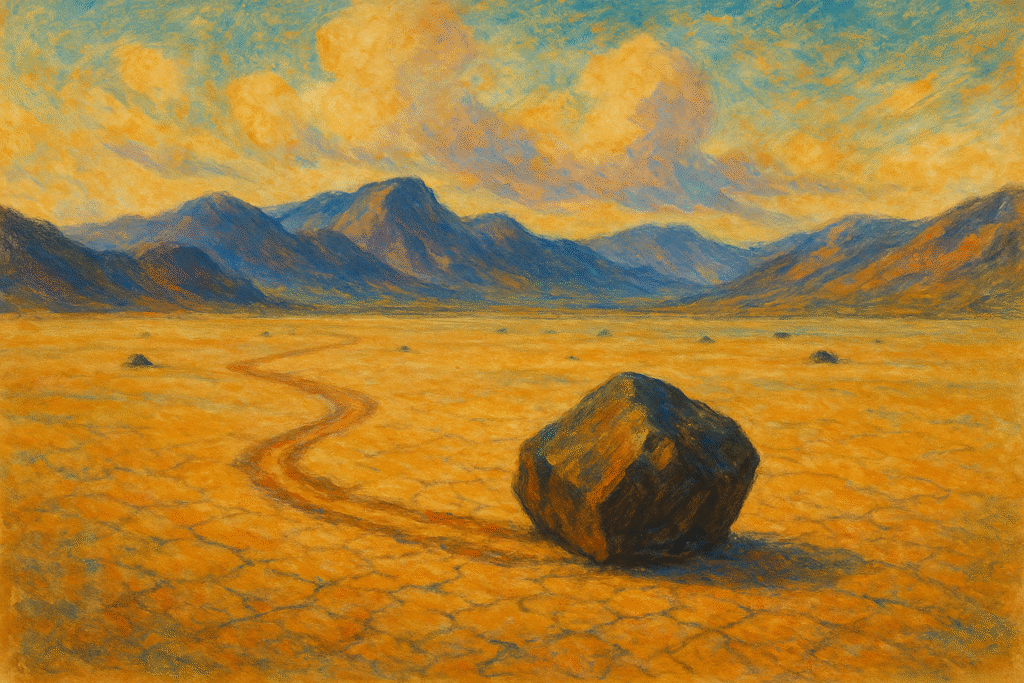 Impressionist painting of a sliding rock leaving a trail across the cracked desert floor at Racetrack Playa in Death Valley, surrounded by mountains.