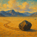 Impressionist painting of a sliding rock leaving a trail across the cracked desert floor at Racetrack Playa in Death Valley, surrounded by mountains.
