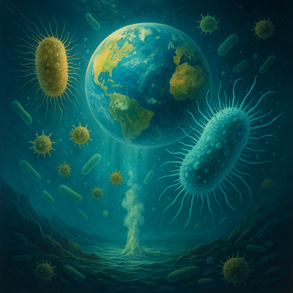A detailed digital painting of deep sea microbes thriving around hydrothermal vents, illustrating their role in nutrient cycling, carbon capture, and climate regulation.