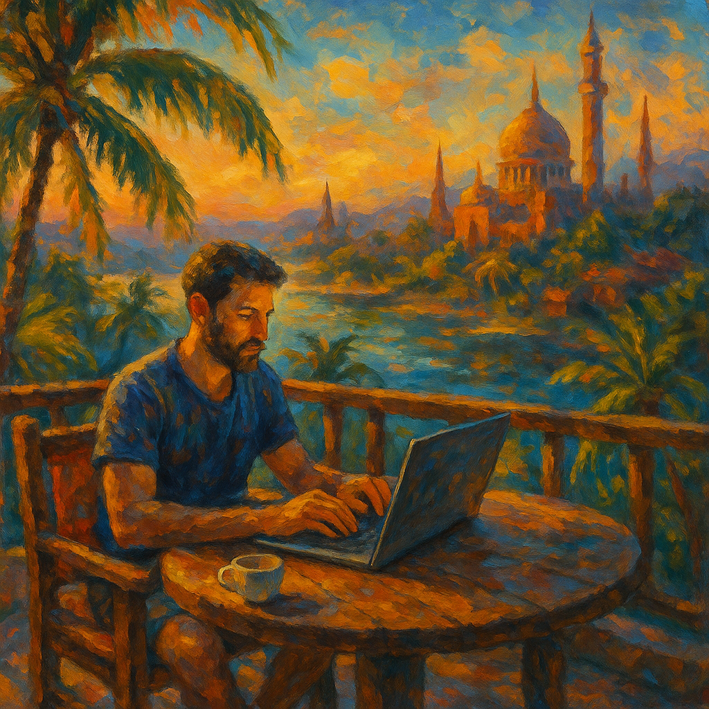 Impressionistic oil painting of a digital nomad working on a laptop at a terrace table, surrounded by palm trees, with an exotic city of domes and minarets in the background.