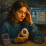 A rich oil-style digital painting showcasing retro 1990s and early 2000s technology—Tamagotchis, MySpace-inspired computers, old gaming consoles, and early mobile phones—symbolizing millennial nostalgia for the digital past.