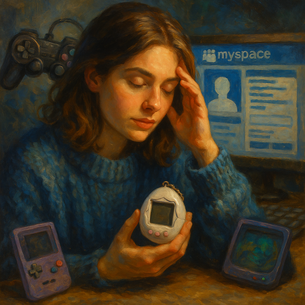 A rich oil-style digital painting showcasing retro 1990s and early 2000s technology—Tamagotchis, MySpace-inspired computers, old gaming consoles, and early mobile phones—symbolizing millennial nostalgia for the digital past.