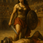 Oil painting of female gladiators fighting in a Roman arena, representing the overlooked history of women warriors in ancient Rome.