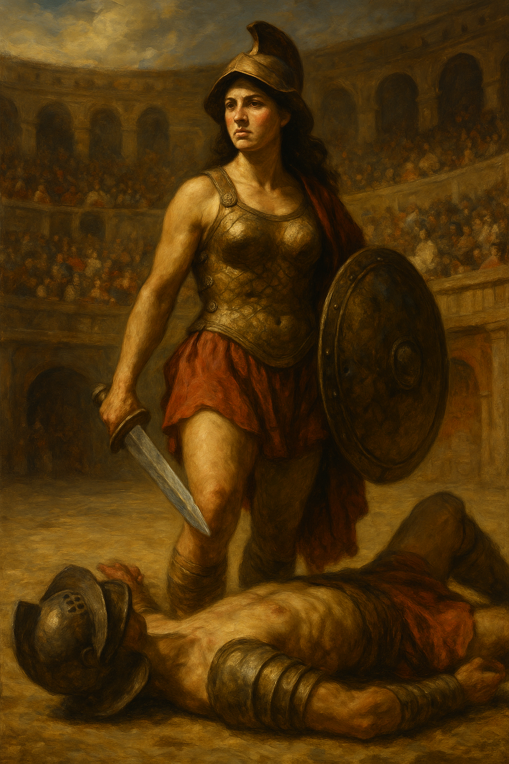 Oil painting of female gladiators fighting in a Roman arena, representing the overlooked history of women warriors in ancient Rome.