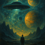 Mysterious cosmic painting illustrating the Fermi Paradox with surreal galaxies, alien-like shapes, and deep space atmosphere.