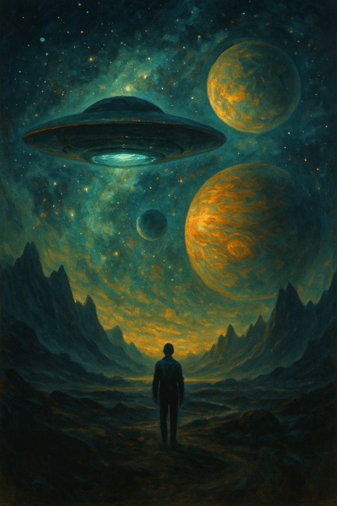 Mysterious cosmic painting illustrating the Fermi Paradox with surreal galaxies, alien-like shapes, and deep space atmosphere.