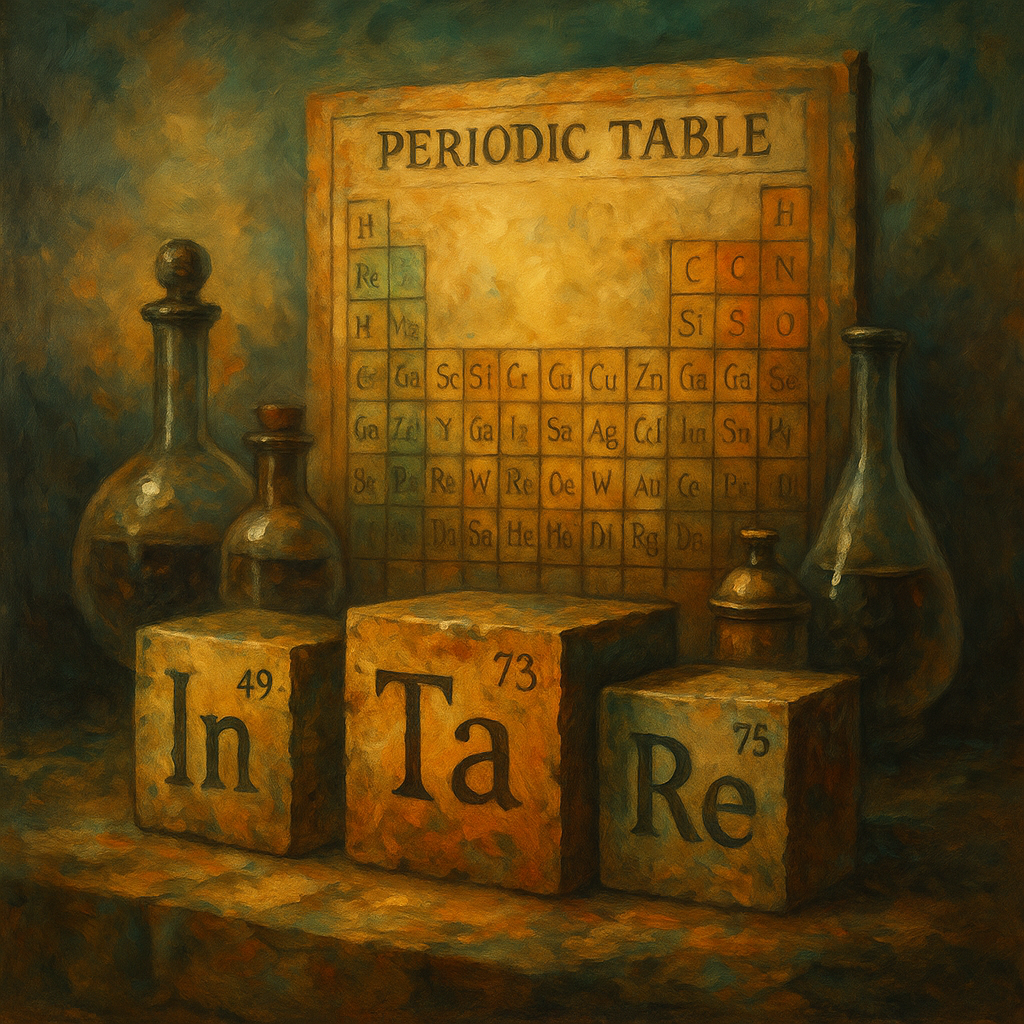 Artistic oil painting of a vintage periodic table with forgotten elements like indium, tantalum, and rhenium.